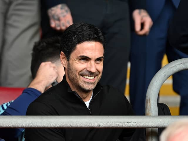 Mikel Arteta, manager of Arsenal, looks on from the stands as he serves a suspension, prior to the Premier League match between Southampton FC and Arsenal FC at St Mary's Stadium on May 25, 2025. (Photo by Stuart MacFarlane/Arsenal FC via Getty Images)