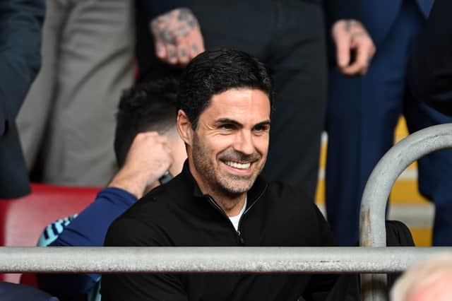 Mikel Arteta, manager of Arsenal, looks on from the stands as he serves a suspension, prior to the Premier League match between Southampton FC and Arsenal FC at St Mary's Stadium on May 25, 2025. (Photo by Stuart MacFarlane/Arsenal FC via Getty Images)