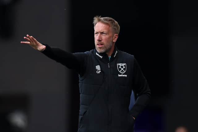 Graham Potter, Manager of West Ham United, gestures during the Premier League match between Ipswich Town FC and West Ham United FC at Portman Road on May 25, 2025 in Ipswich, England.