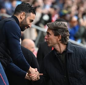 Manchester United and Brentford managers Ruben Amorim and Thomas Frank shake hands ahead of a Premier League clash | Getty Images