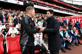 Eddie Howe and Mikel Arteta shake hands ahead of the Premier League match between Arsenal and Newcastle | Getty Images