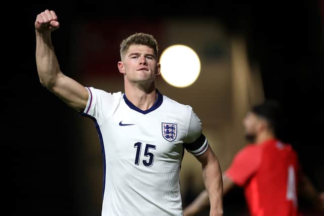 Charlie Creswell celebrates a goal for England's Under-21s against Azerbaijan.