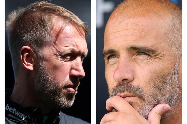 Graham Potter and Enzo Maresca look on.