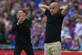 Pep Guardiola (R) and Oliver Glasner during the FA Cup final at Wembley.