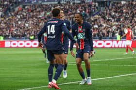 Bradley Barcola celebrates with Desire Doue after scoring for PSG in the 2025 Coupe de France final | Getty Images
