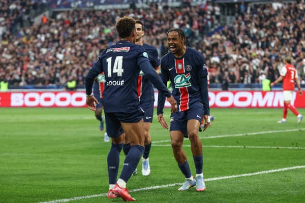 Bradley Barcola celebrates with Desire Doue after scoring for PSG in the 2025 Coupe de France final | Getty Images