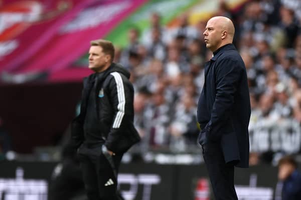Eddie Howe and Arne Slot during the Carabao Cup final.