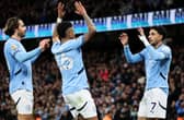 Savinho celebrates with Manchester City teammates Jack Grealish and Omar Marmoush | Michael Steele/Getty Images