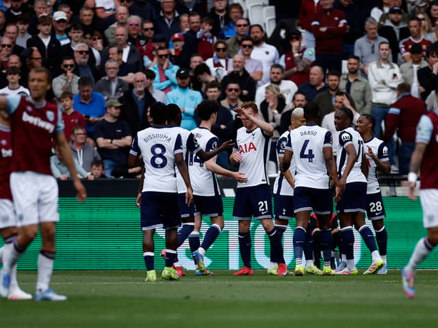 Tottenham Hotspur celebrate scoring against West Ham United in the Premier League.