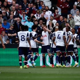 Tottenham Hotspur celebrate scoring against West Ham United in the Premier League.