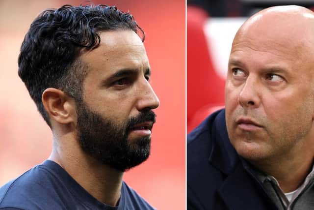 A split image of Ruben Amorim and Arne Slot