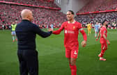 Arne Slot celebrating with Virgil van Dijk after Liverpool won the Premier League 