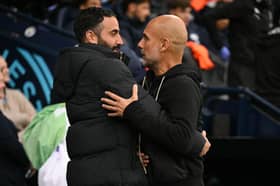 Ruben Amorim and Pep Guardiola ahead of the Premier League clash between Manchester United and Manchester City | OLI SCARFF/AFP via Getty Images