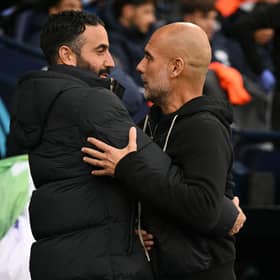 Ruben Amorim and Pep Guardiola ahead of the Premier League clash between Manchester United and Manchester City | OLI SCARFF/AFP via Getty Images