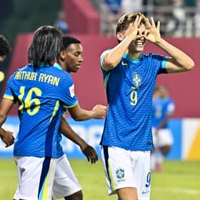 Dell celebrates scoring for Brazil at the Under-17 World Cup | Noushad Thekkayil/NurPhoto via Getty Images