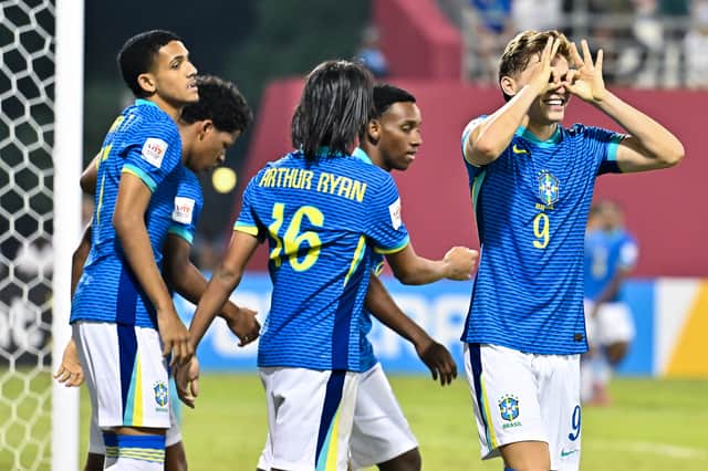 Dell celebrates scoring for Brazil at the Under-17 World Cup | Noushad Thekkayil/NurPhoto via Getty Images