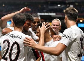 Claudio Echeverri celebrates with his Manchester City team mates including Bernardo Silva and Erling Haaland at the 2025 Club World Cup | PATRICIA DE MELO MOREIRA/AFP via Getty Images