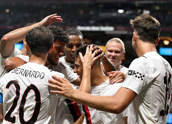 Claudio Echeverri celebrates with his Manchester City team mates including Bernardo Silva and Erling Haaland at the 2025 Club World Cup | PATRICIA DE MELO MOREIRA/AFP via Getty Images