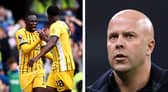 Yankuba Minteh celebrates after scoring for Brighton & Hove Albion in the Premier League, but could he joining Arne Slot at Liverpool in the January transfer window? | National World / Getty Images