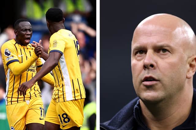 Yankuba Minteh celebrates after scoring for Brighton & Hove Albion in the Premier League, but could he joining Arne Slot at Liverpool in the January transfer window? | National World / Getty Images
