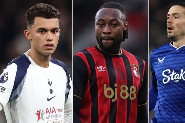 A three-way split image of Brennan Johnson, Antoine Semenyo and Jack Grealish