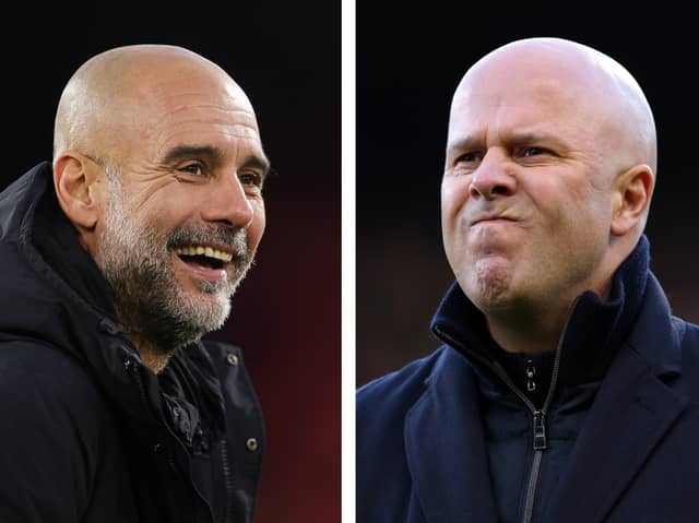 Manchester City manager Pep Guardiola and Liverpool boss Arne Slot