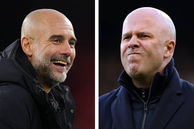 Manchester City manager Pep Guardiola and Liverpool boss Arne Slot