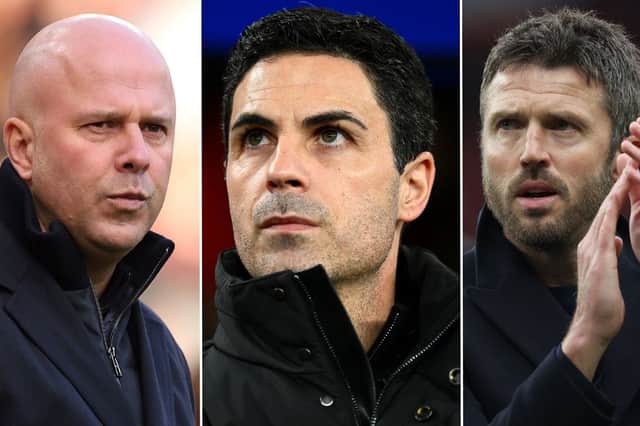 A three-way split image of Arne Slot, Mikel Arteta and Michael Carrick