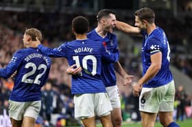 Defenders Michael Keane and James Tarkowski celebrate with Iliman Ndiaye after Everton scored against Fulham in the Premier League | Michael Regan/Getty Images