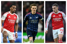 Jurriën Timber, Martin Ødegaard and Leandro Trossard