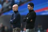 Mikel Arteta & Pep Guardiola on the touchline at Wembley