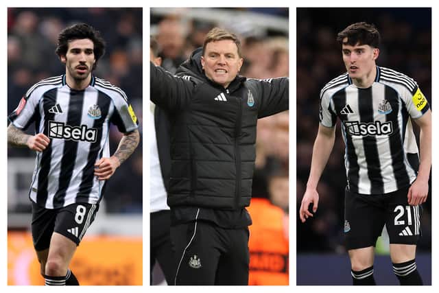 Sandro Tonali, Eddie Howe & Tino Livramento