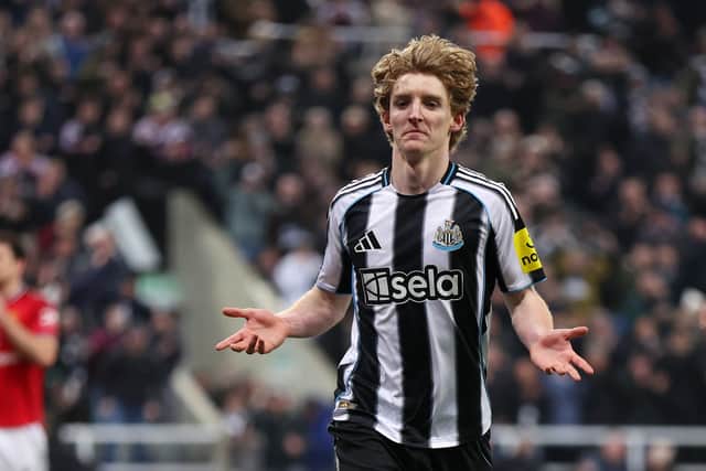 Anthony Gordon celebrates his goal against Manchester United in March.