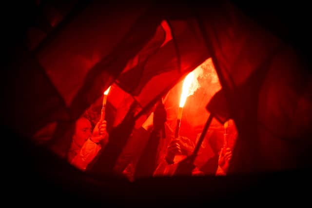 Slavia Prague fans with flares ahead of a previous match against AS Roma.