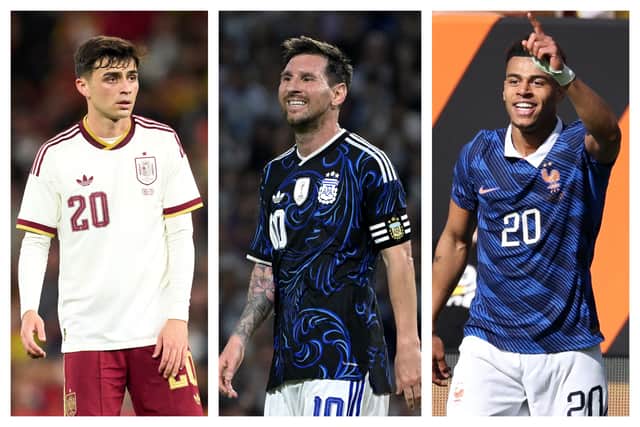 Pedri, Lionel Messi & Désiré Doué show off their country's World Cup kits