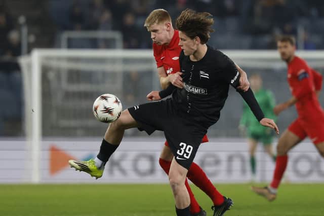 Luca Weinhandl (right) battles for the ball in a European match against Brann