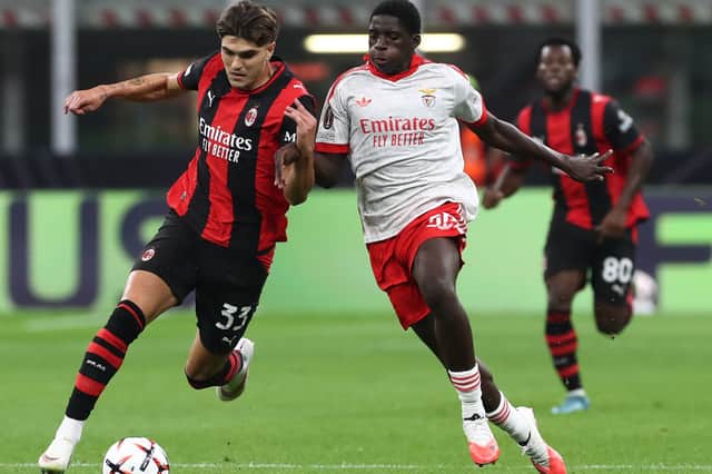 Banjaqui goes shoulder-to-shoulder with AC Milan's Davide Bartesaghi during a recent Europa League tie