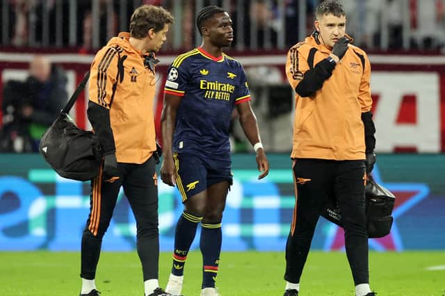 Bukayo Saka had to come off early during the 2-2 draw with Bayern Munich - and could be out for some time