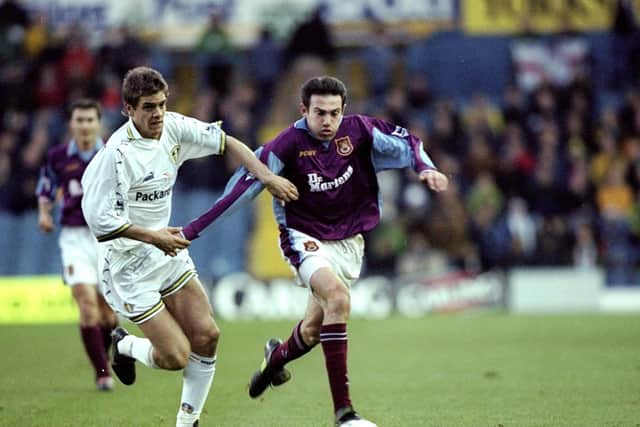 Jonny Woodgate hunts down West Ham United's Stan Lazaridis during the FA Carling Premiership match at Elland Road in December 1998. Leeds on 4-0.