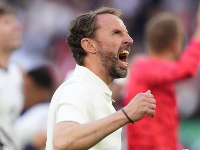 PASSION: England manager Gareth Southgate celebrates after their side’s victory over Switzerland in the UEFA Euro 2024, quarter-final match at the Dusseldorf Arena. Picture: Adam Davy/PA