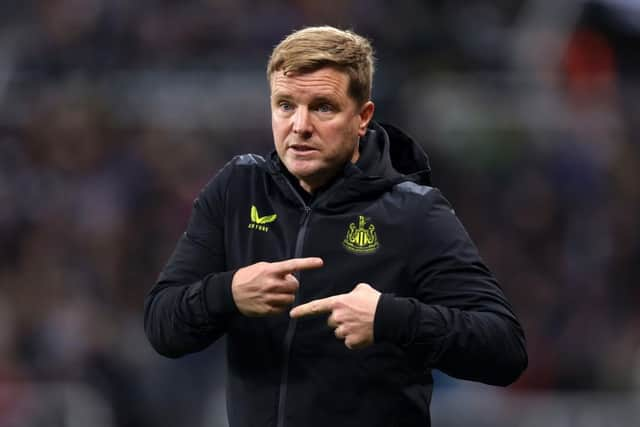 NEWCASTLE UPON TYNE, ENGLAND - SEPTEMBER 27: Eddie Howe, Manager of Newcastle United, reacts  during the Carabao Cup Third Round match between Newcastle United and Manchester Cityat St James' Park on September 27, 2023 in Newcastle upon Tyne, England. (Photo by George Wood/Getty Images)