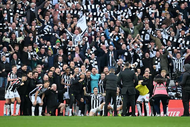 SUNDERLAND, ENGLAND - JANUARY 06: Newcastle United fans celebrate with the players after the team's victory during the Emirates FA Cup Third Round match between Sunderland and Newcastle United at Stadium of Light on January 06, 2024 in Sunderland, England. (Photo by Michael Regan/Getty Images)
