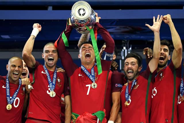 Cristiano Ronaldo lifts the Euros trophy after Portugal beat France at the 2016 tournament. (Pic: Getty)