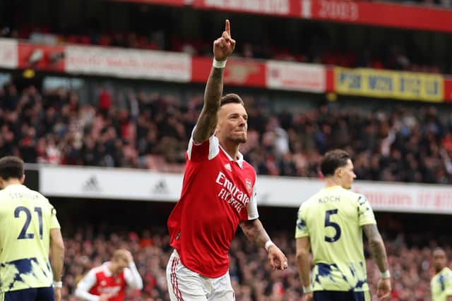 BACK TO HAUNT: Arsenal's Ben White celebrates his strike in Saturday's 4-1 defeat of his former loan side Leeds United at the Emirates. Photo by Julian Finney/Getty Images.