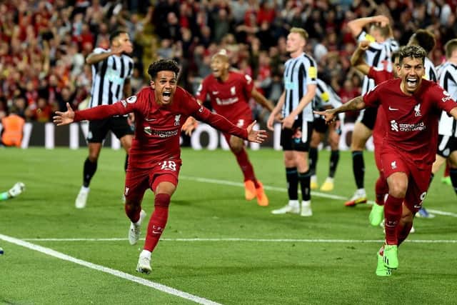 Fabio Carvalho celebrates Liverpool's 98th-minute winner over Newcastle United in August.