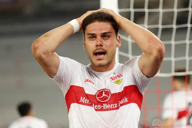 Konstantinos Mavropanos reacts during the Bundesliga playoffs first leg match between VfB Stuttgart and Hamburger SV: Alexander Hassenstein/Getty Images
