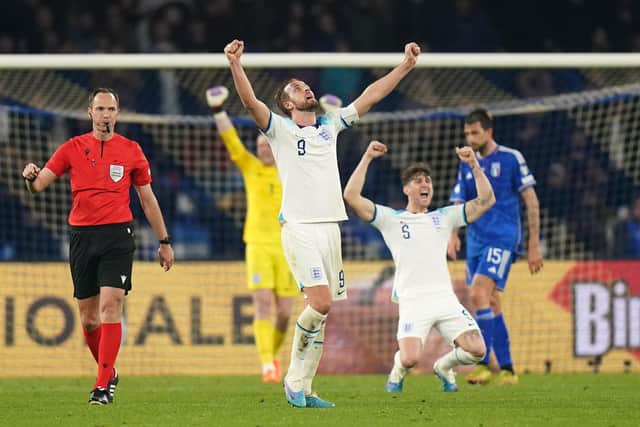 England's Harry Kane celebrates at the final whistle after the UEFA Euro 2024 qualifying match at the Diego Armando Maradona Stadium in Naples, Italy. Picture date: Thursday March 23, 2023. PA Photo. See PA story SOCCER England. Photo credit should read: Adam Davy/PA Wire.

RESTRICTIONS: Use subject to restrictions. Editorial use only, no commercial use without prior consent from rights holder.