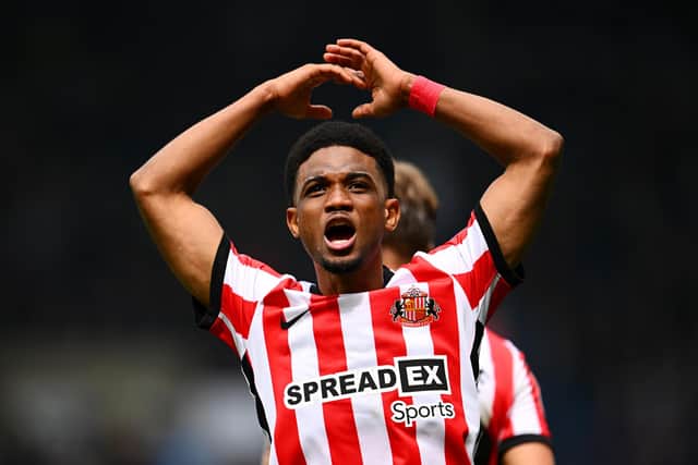 WEST BROMWICH, ENGLAND - APRIL 23: Amad Diallo of Sunderland celebrates after the team's victory in the Sky Bet Championship between West Bromwich Albion and Sunderland at The Hawthorns on April 23, 2023 in West Bromwich, England. (Photo by Clive Mason/Getty Images)