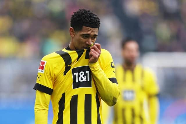 DORTMUND, GERMANY - APRIL 08: Jude Bellingham of Borussia Dortmund looks dejected after Kevin Behrens of 1.FC Union Berlin scores their sides first goal during the Bundesliga match between Borussia Dortmund and 1. FC Union Berlin at Signal Iduna Park on April 08, 2023 in Dortmund, Germany. (Photo by Lars Baron/Getty Images)