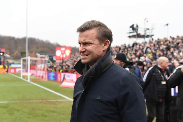 ACCRINGTON, ENGLAND - JANUARY 28: Jesse Marsch, then-Manager of Leeds United, looks on prior to the Emirates FA Cup Fourth Round match between Accrington Stanley and Leeds United at Wham Stadium on January 28, 2023 in Accrington, England. (Photo by Gareth Copley/Getty Images)